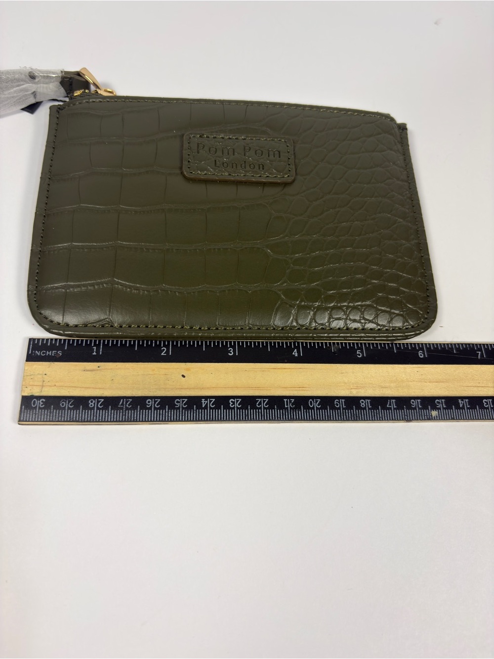 Pom Pom London Chelsea Coin Purse Olive Green Croc Leather NWT Minimalist Travel - Picture 10 of 12